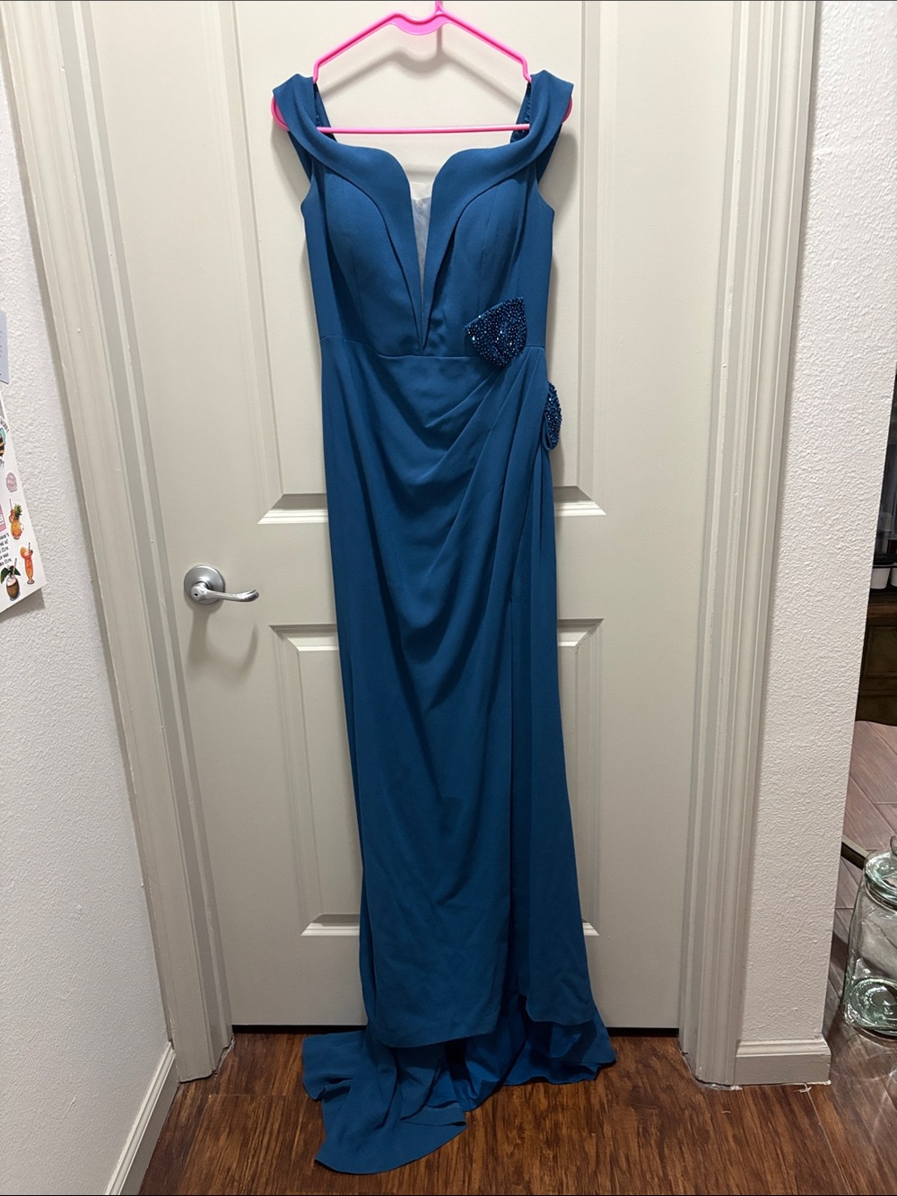 Alexander by Daymor #S1077 Teal Off-Shoulder Maxi Dress with Beaded Waist Detail
